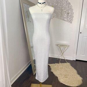 NWT Luvalot Silver Glitter Strapless Bandeau Tight Bodycon Midi Formal Dress S